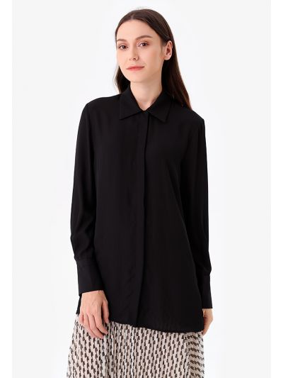 Casual Solid Shirt With Slit Hem -Sale