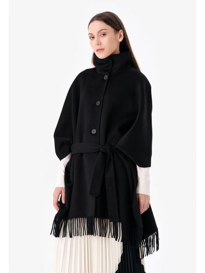 Fringed Hem Solid Cape Coat