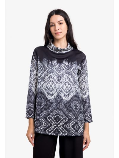 Wide Turtle Neck Printed Oversize Blouse -Sale