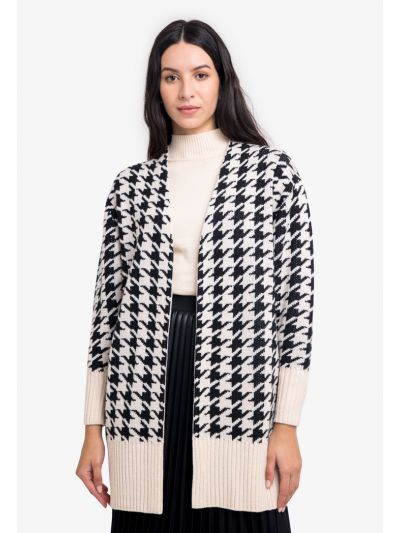 Houndstooth Pattern Ribbed Details Open Winter Cardigan