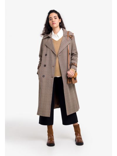 Double Breasted Houndstooth Trench Coat