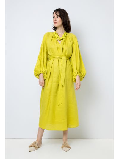 Solid Long Balloon Sleeves Belted Dress