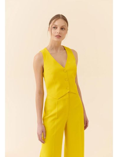 Roman Solid Buttoned Crepe Vest Yellow