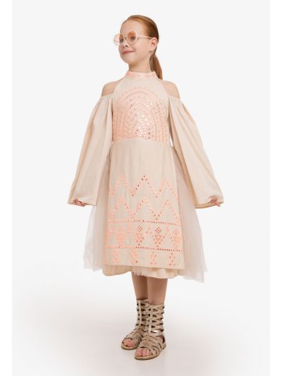 Cold Shoulder Embroidered Tulle Dress