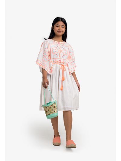 Embroidered Striped Short Slit Sleeves Dress