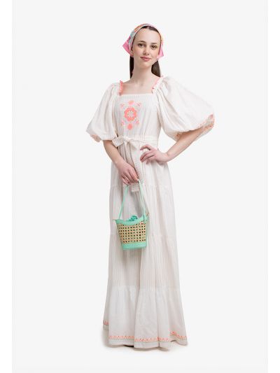 Puff Sleeves Tiered Embroidered Dress 