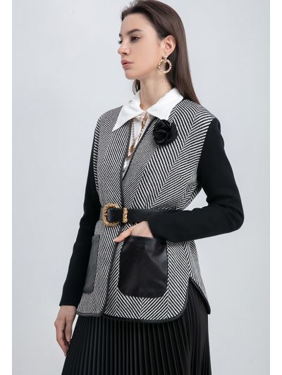 Faux Leather Piping Trim Chevron Knitted Wool Jacket