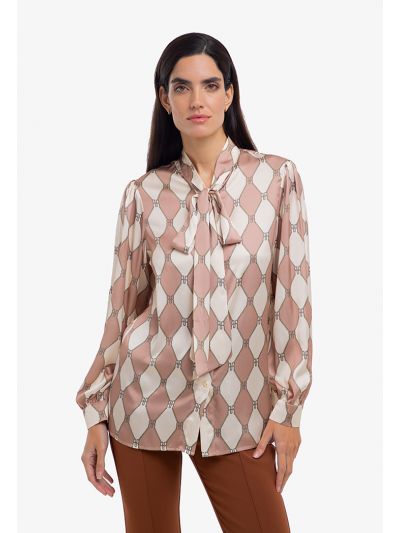 Ribbon Neckline Multicolored Printed Shirt -Sale
