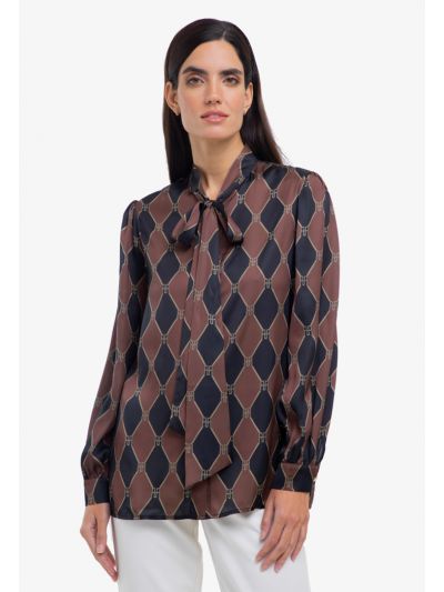 Ribbon Neckline Multicolored Printed Shirt -Sale