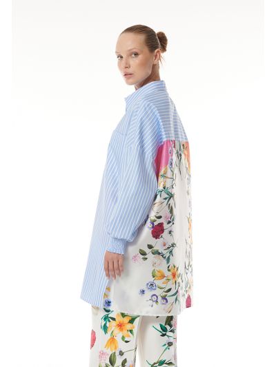Half Stiped and Half Printed Buttoned Up Shirt -Sale
