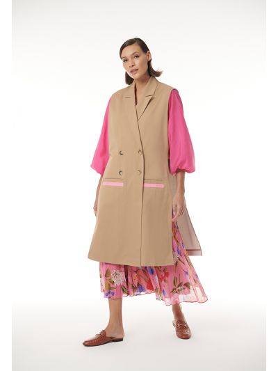 Solid Maxi Sleeveless Trench Coat with Big Side Slits