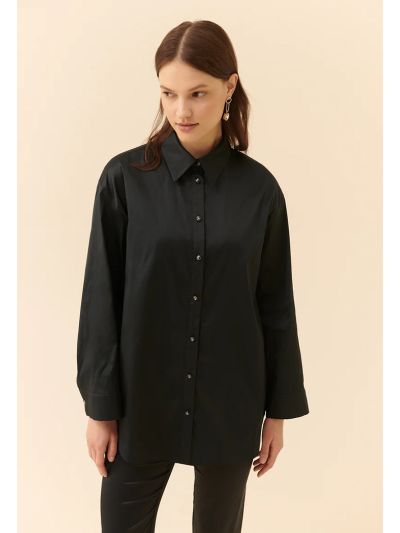 Roman Taffeta Women'S Shirt With Stone Buttons Black