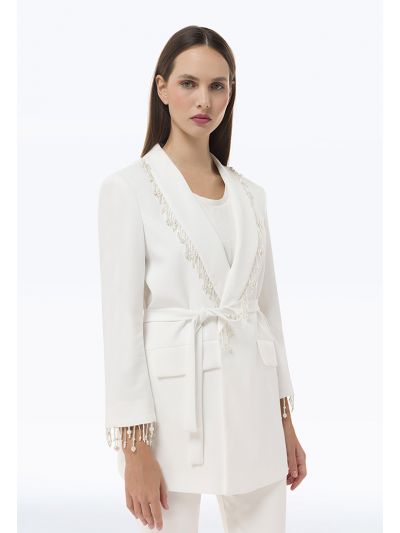Pearl Embellished Blazer With Flap Pockets -Sale