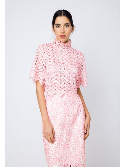 Lace Stand Collar Scalloped Hem T-Shirt