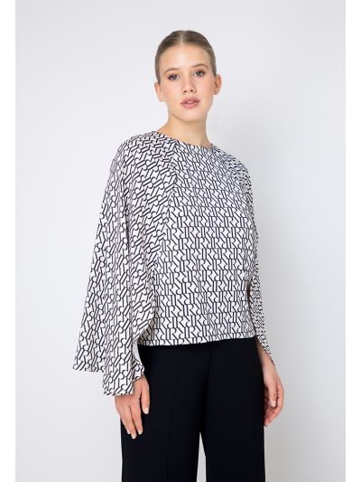 Cape Sleeves Monogram Print Blouse