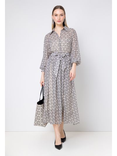 Monogram Print Flared Belted Dress Set (2 PCS)