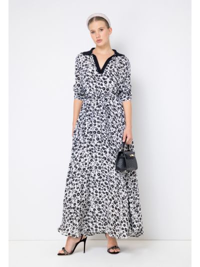 V-Neck Printed Belted Dress Set (2 PCS)