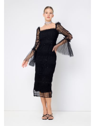 Polka Dot Tulle Ruffled Solid Dress