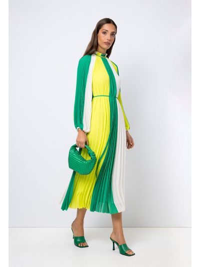 Color Block Pleated Flared Dress Set (2 PCS)