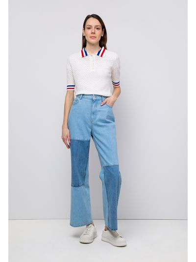 High Waist Wide Leg Contrast Denim Pant