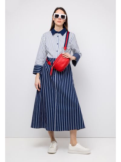 Striped Belted Long Sleeve Shirt Dress