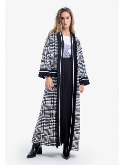 Houndstooth Knitted Fringed Maxi Abaya  
