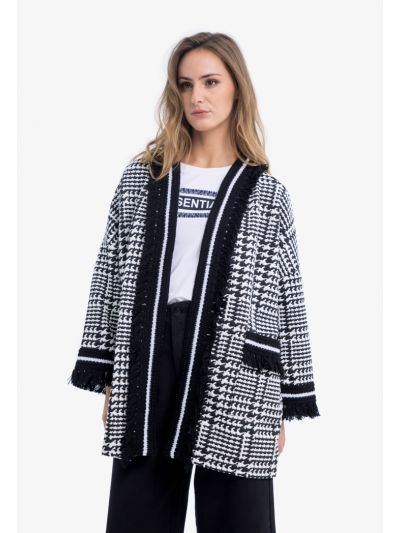 Houndstooth Knitted Fringed Cardigan