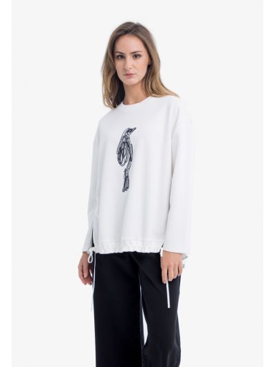 Drawstring Ribbed Hem Embroidered Blouse