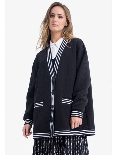Textured Contrast Striped Oversize Cardigan