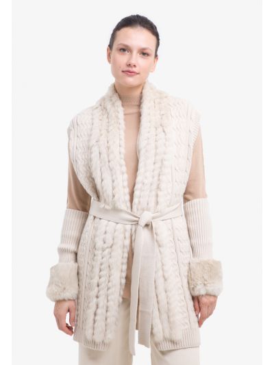 Textured Knitted Fur Details Open Vest With Self Tie Band