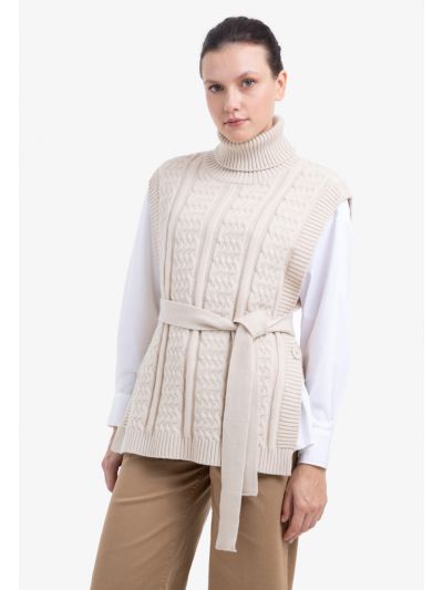 Braided Knit Sleeveless Turtle Neckline Winter Vest