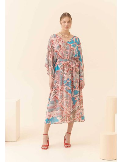 Roman Printed Midi Dress With Belt Multi Color