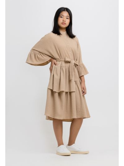 Gathered Solid Short Sleeves Tiered Midi Dress