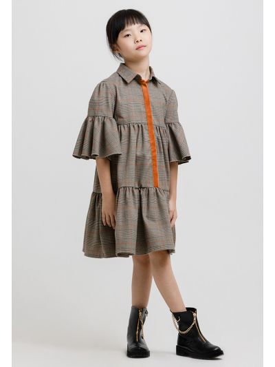 Glen Check Pattern Front Buttons Tiered Dress -Sale