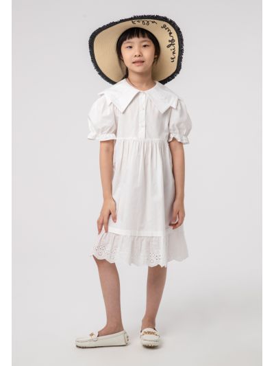 Solid Embroider Puff Scallop Dress -Sale