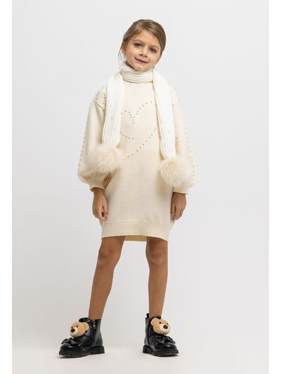 Faux Pearls Knitted Puffy Sleeves Short Winter Dress -Sale