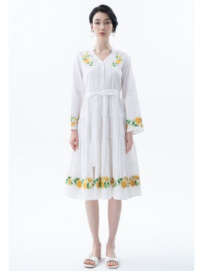 Floral Motif Embroidered Tiered Dress -Sale