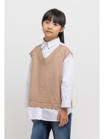 Two Tone Collared Contrast Vest Shirt -Sale