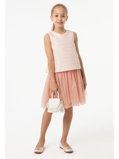 Solid Textured Glittery Tulle Layer Sleeveless Dress -Sale