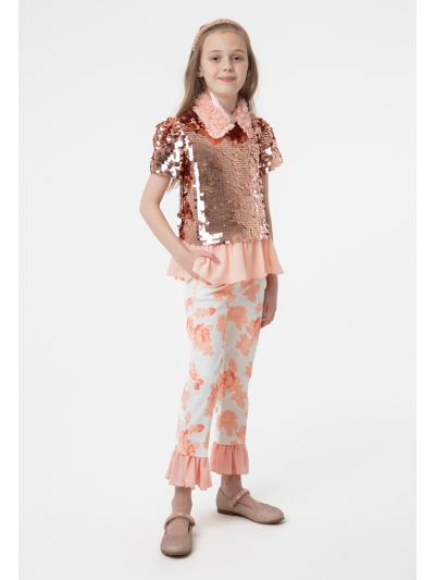 Floral Print Ruffle Solid Sequins Blouse And Pants Set -Sale