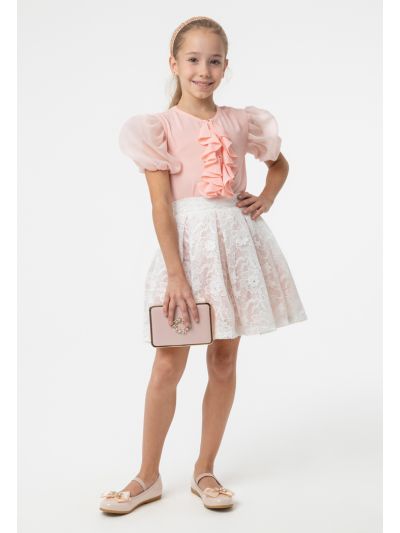 Organza Ruffle Puff Blouse And Pleated Lace Skirts Set  -Sale