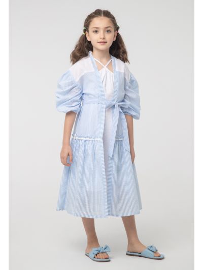 Textured Stripes Frill Trim Puff Shrug And Dress Sets