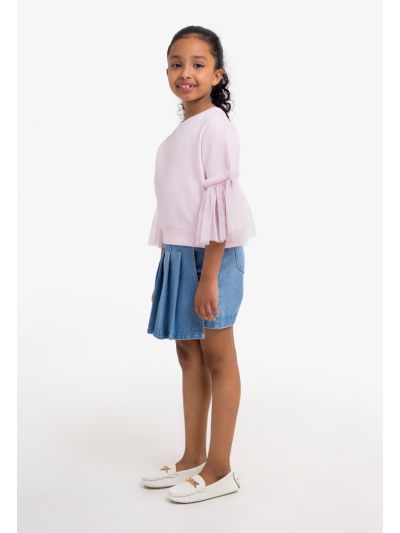 Solid Pleated Denim Skort