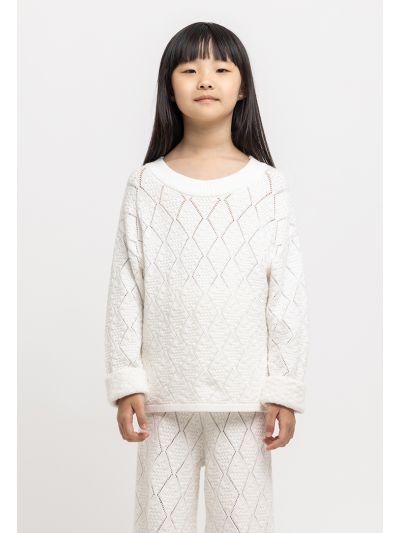 Textured Schiffli Knitted Folded Long Sleeves Top -Sale