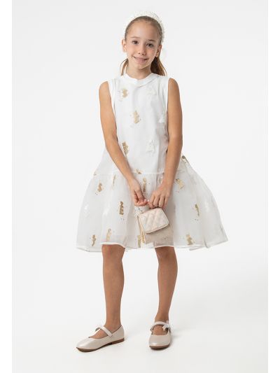 Sleeveless Text Embroider Flare Sheer Dress -Sale