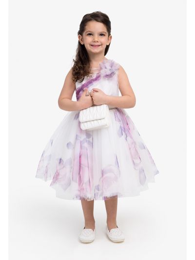 Printed Belted Sleeveless Tulle Dress