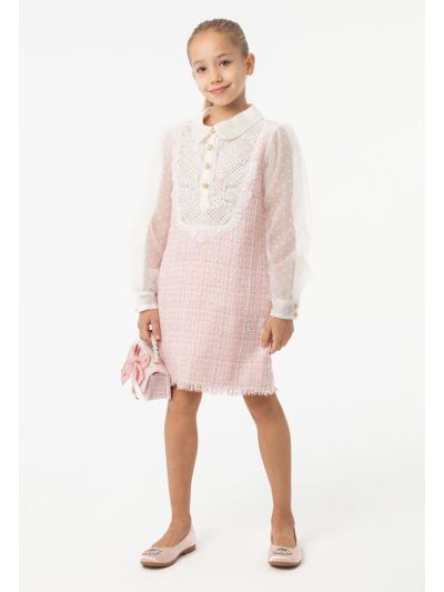 Lurex Tweed Lace Bib Balloon Long Sleeve Dress -Sale