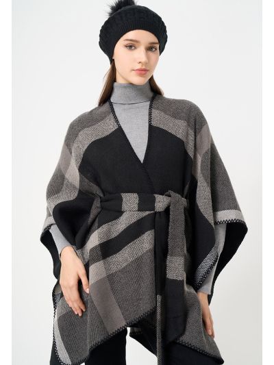 Checkered Belted Winter Poncho