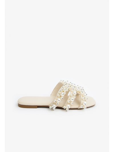 Crystal &Faux Pearls Embellished Flat Slides