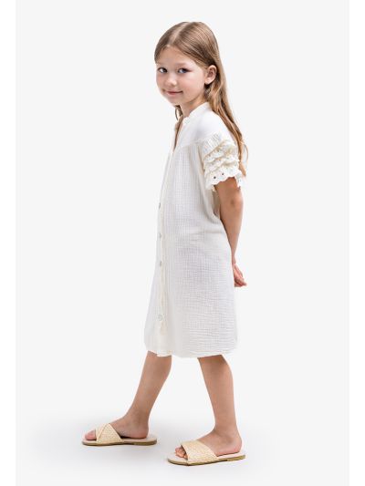 Solid Schiffli Ruffled Sleeves Dress